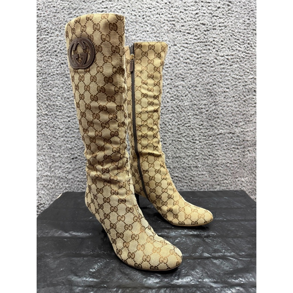 Vintage Gucci Tom Ford GG Monogram Canvas Knee High Boots Beige Size 7.5B US